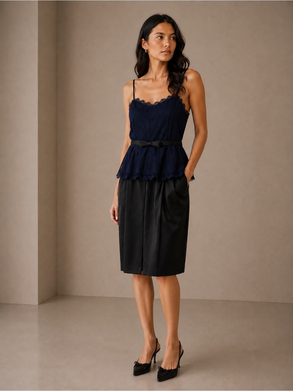 Kate Young for Target Navy Lace Peplum Cocktail  Dress w/Satin Now Belt Size 8